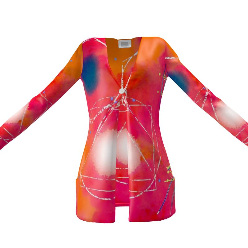 A stylish ladies cardigan with pockets, featuring a V-neck and long sleeves, made from soft jersey knit fabric.