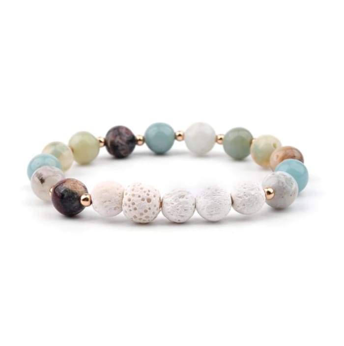 Lava Stone Essential Oil Bracelet featuring Amazonite and White stones, designed for aromatherapy.