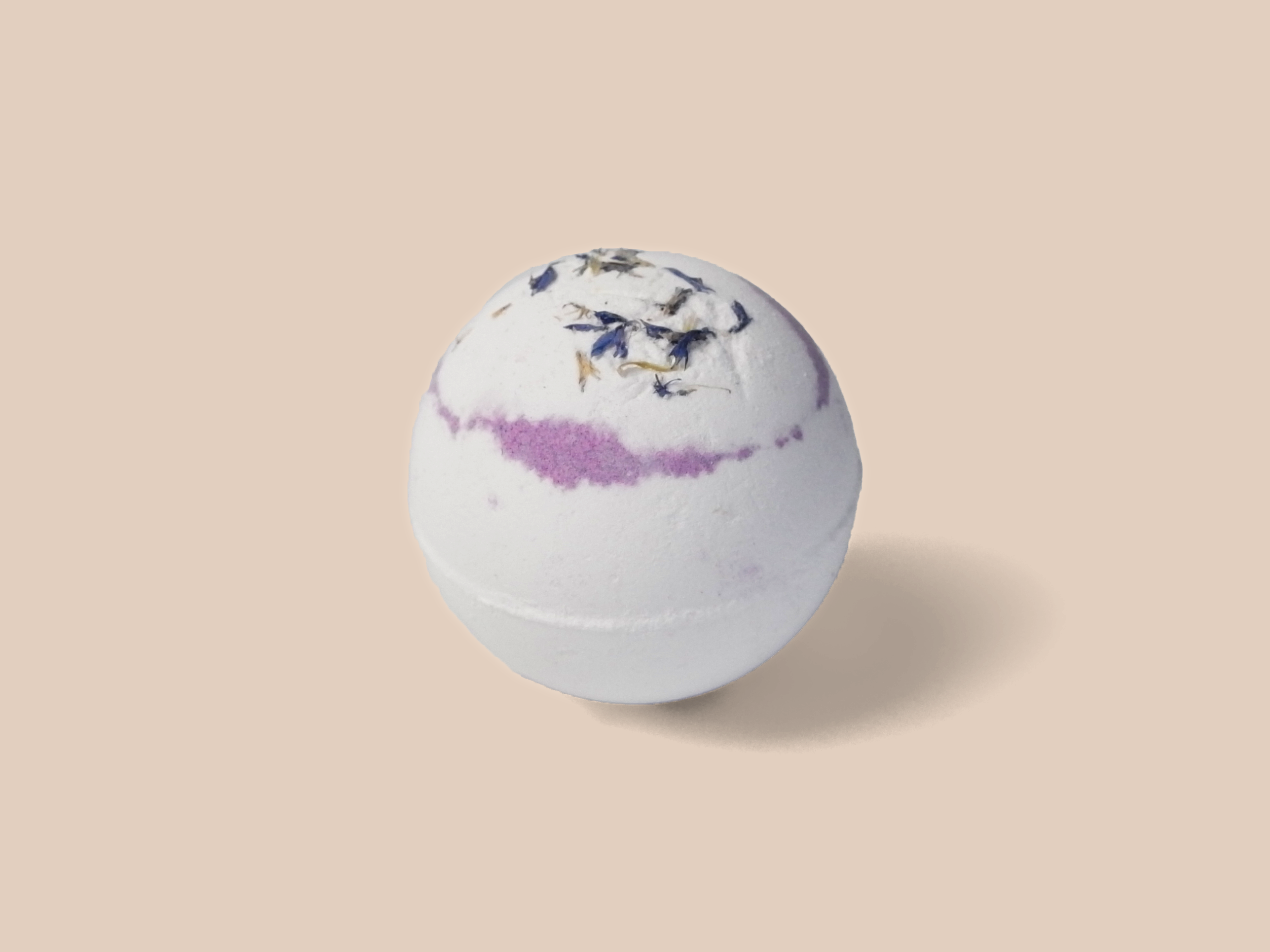 Lavender Eucalyptus Bath Bomb with flower petals, showcasing its vibrant colors and organic ingredients.
