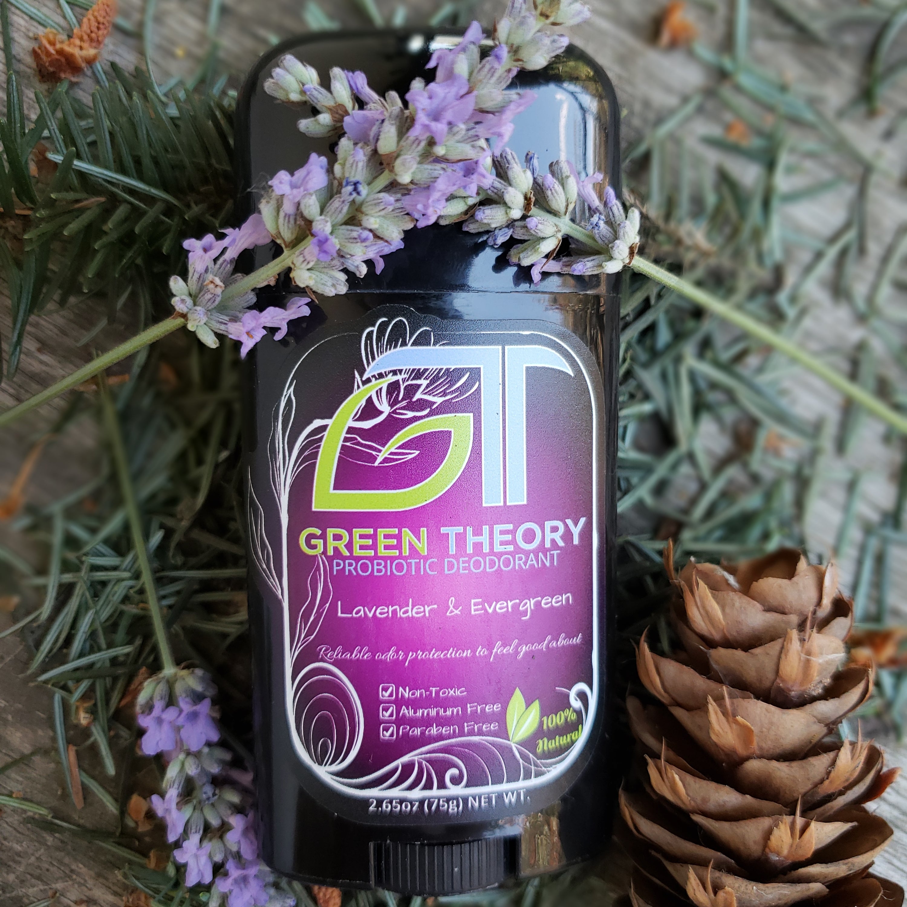 Lavender & Evergreen Probiotic Natural Aluminum Free Deodorant stick with essential oils and natural ingredients, showcasing its eco-friendly packaging.