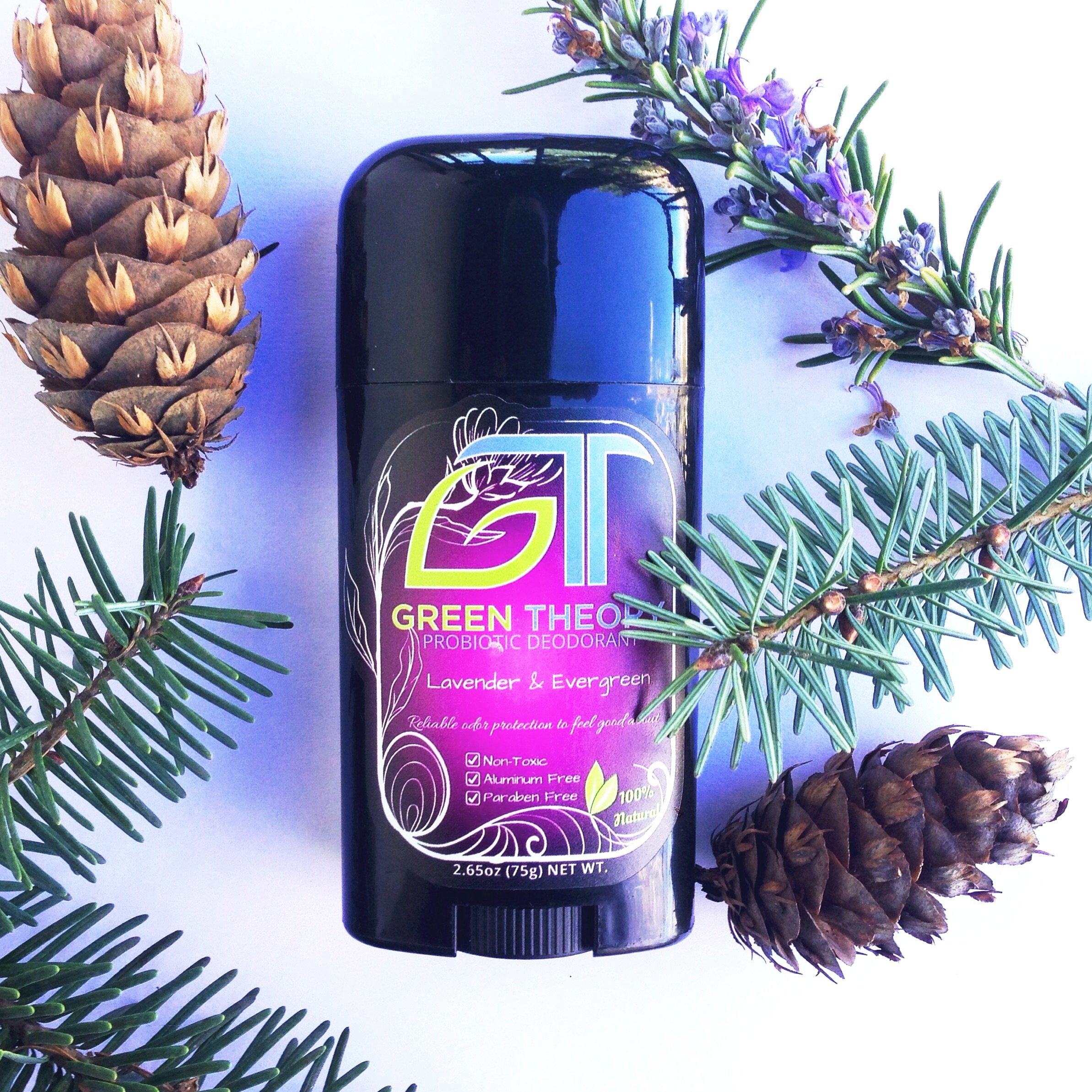 Lavender & Evergreen Probiotic Natural Aluminum Free Deodorant stick with essential oils and natural ingredients, showcasing its eco-friendly packaging.