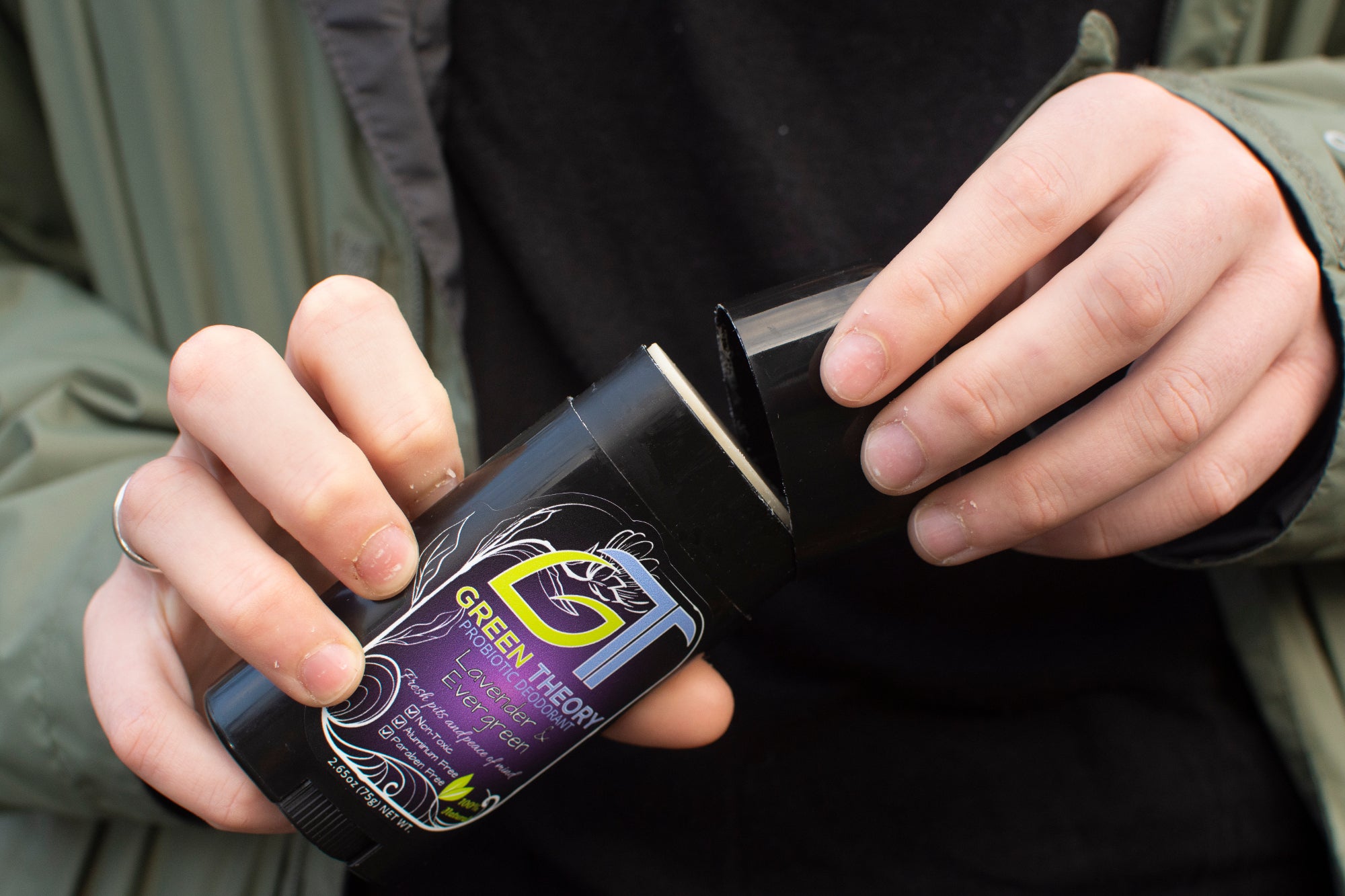 Lavender & Evergreen Probiotic Natural Aluminum Free Deodorant stick with essential oils and natural ingredients, showcasing its eco-friendly packaging.