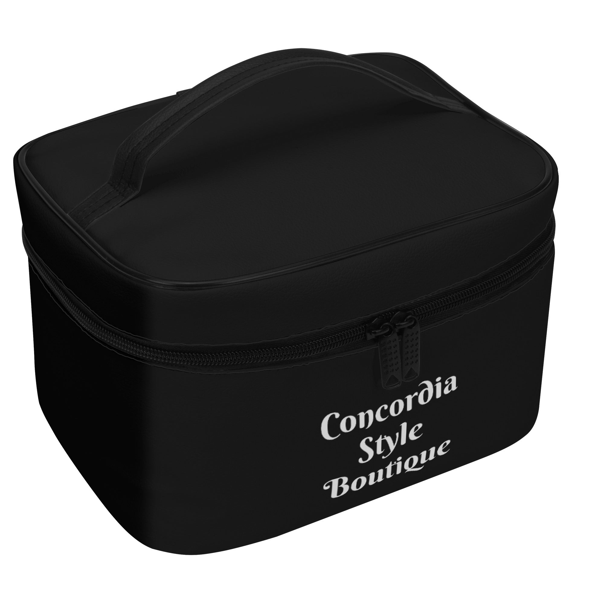 A stylish leather cosmetic bag made from litchi-grain leather, featuring multiple compartments and a portable design.