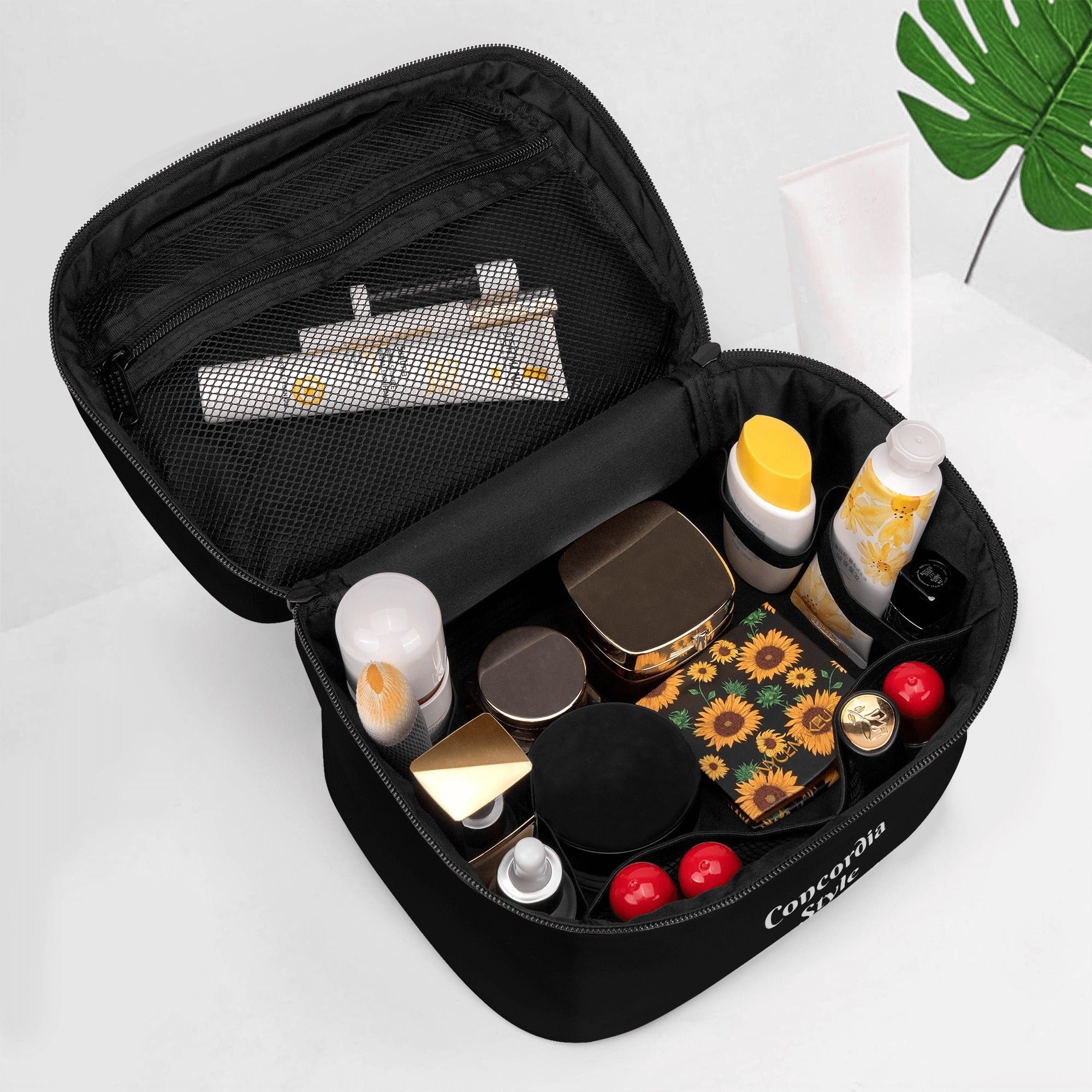 A stylish leather cosmetic bag made from litchi-grain leather, featuring multiple compartments and a portable design.