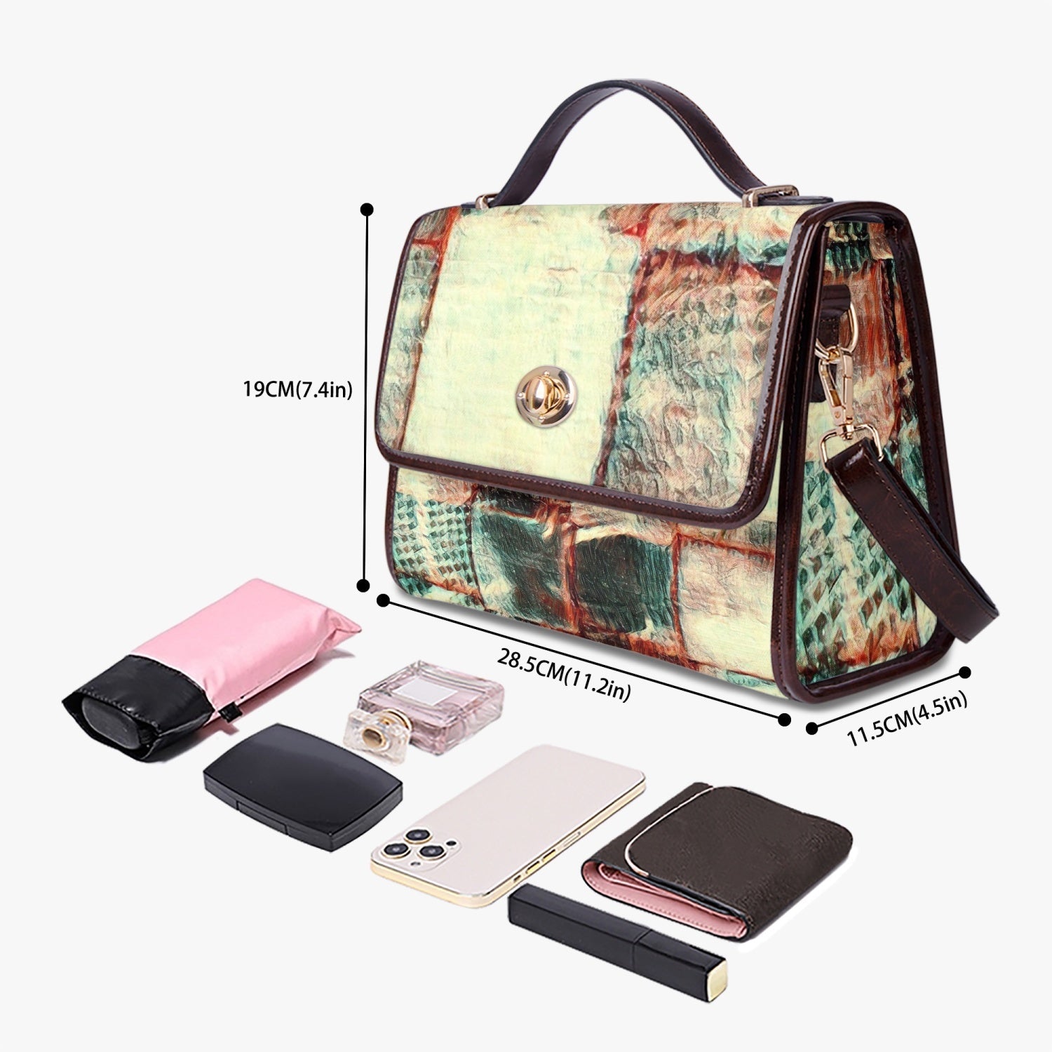 Stylish leather flap satchel bag with adjustable strap and twist lock closure, perfect for everyday use.