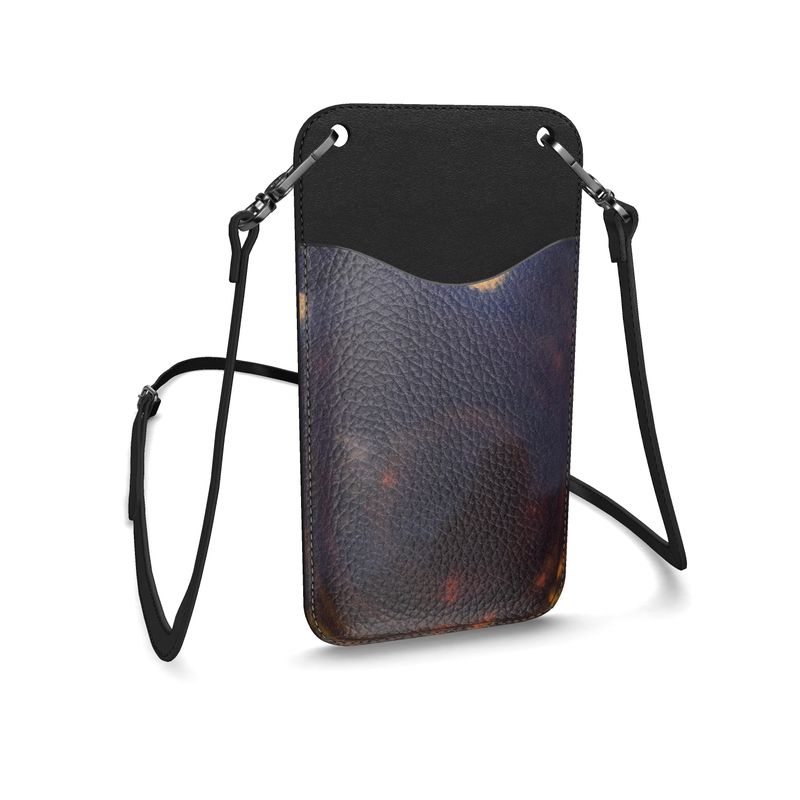 A stylish leather phone case with strap, showcasing its elegant design and card holder feature.