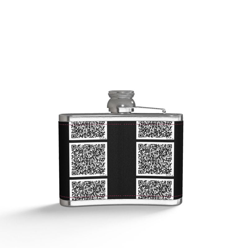 Leather Wrapped Hip Flask with hinged cap, elegantly presented in a black box, showcasing its unique hand-printed design.