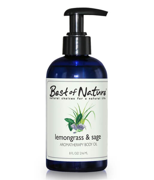 A bottle of Lemongrass & Sage Aromatherapy Massage & Body Oil with a refreshing design, showcasing its natural ingredients.