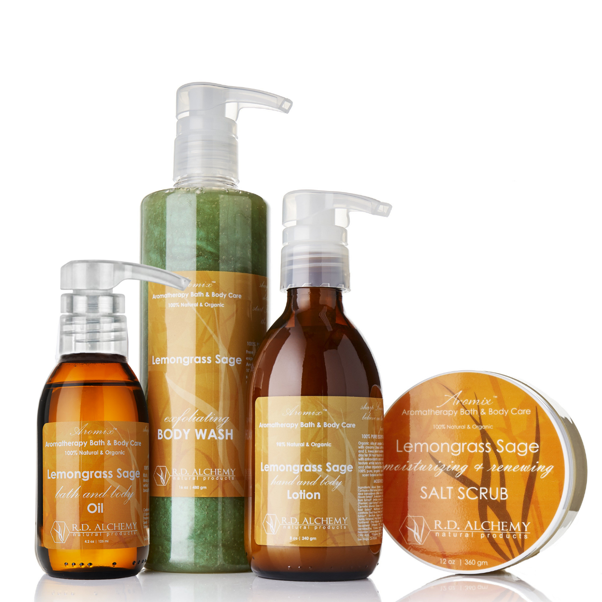 Lemongrass Sage Body Care Set featuring body wash, scrub, lotion, and butter in elegant packaging.