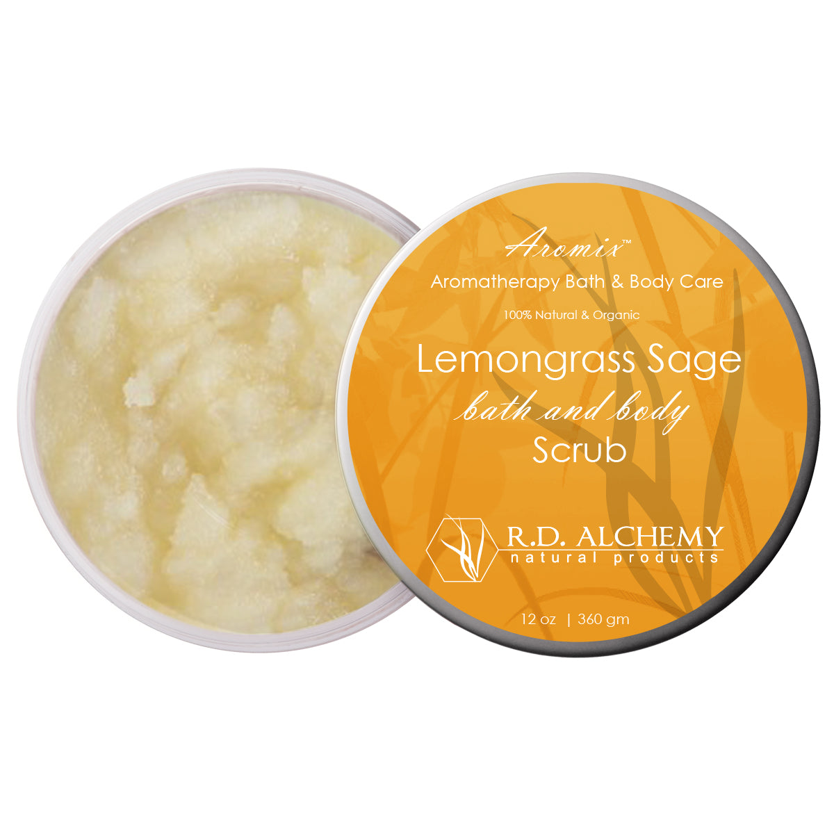 Lemongrass Sage Sea Salt Body Scrub in a clear jar with a wooden spoon, showcasing its textured scrub consistency and earthy color.