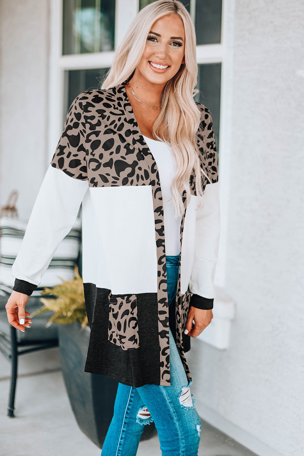 Leopard Block Cardigan with Pockets, featuring a stylish leopard print and color block design, perfect for casual wear.