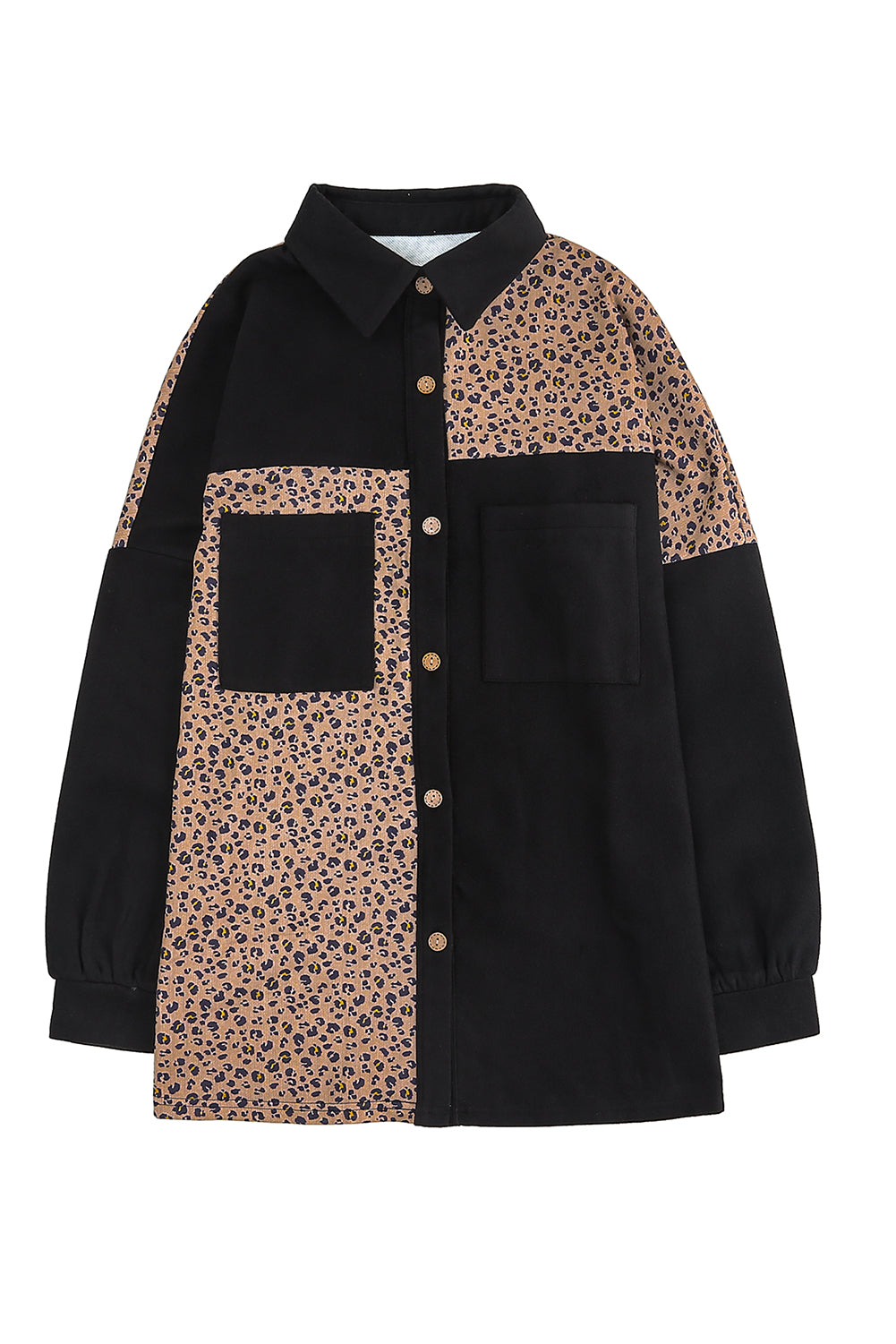 Leopard Patchwork Shacket Jacket featuring charcoal and brown leopard print with mustard accents, button-front closure, and oversized chest pockets.