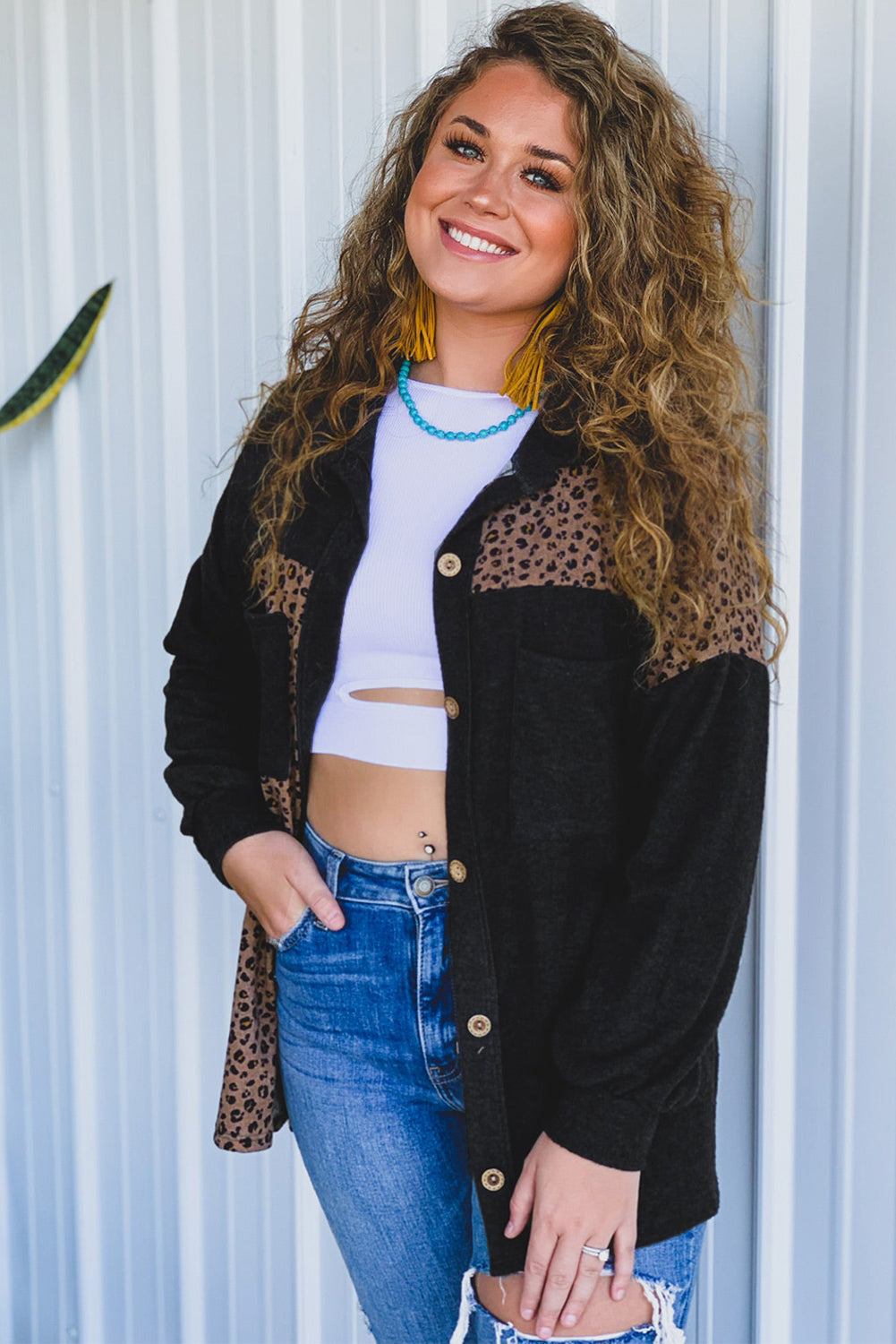 Leopard Patchwork Shacket Jacket featuring charcoal and brown leopard print with mustard accents, button-front closure, and oversized chest pockets.