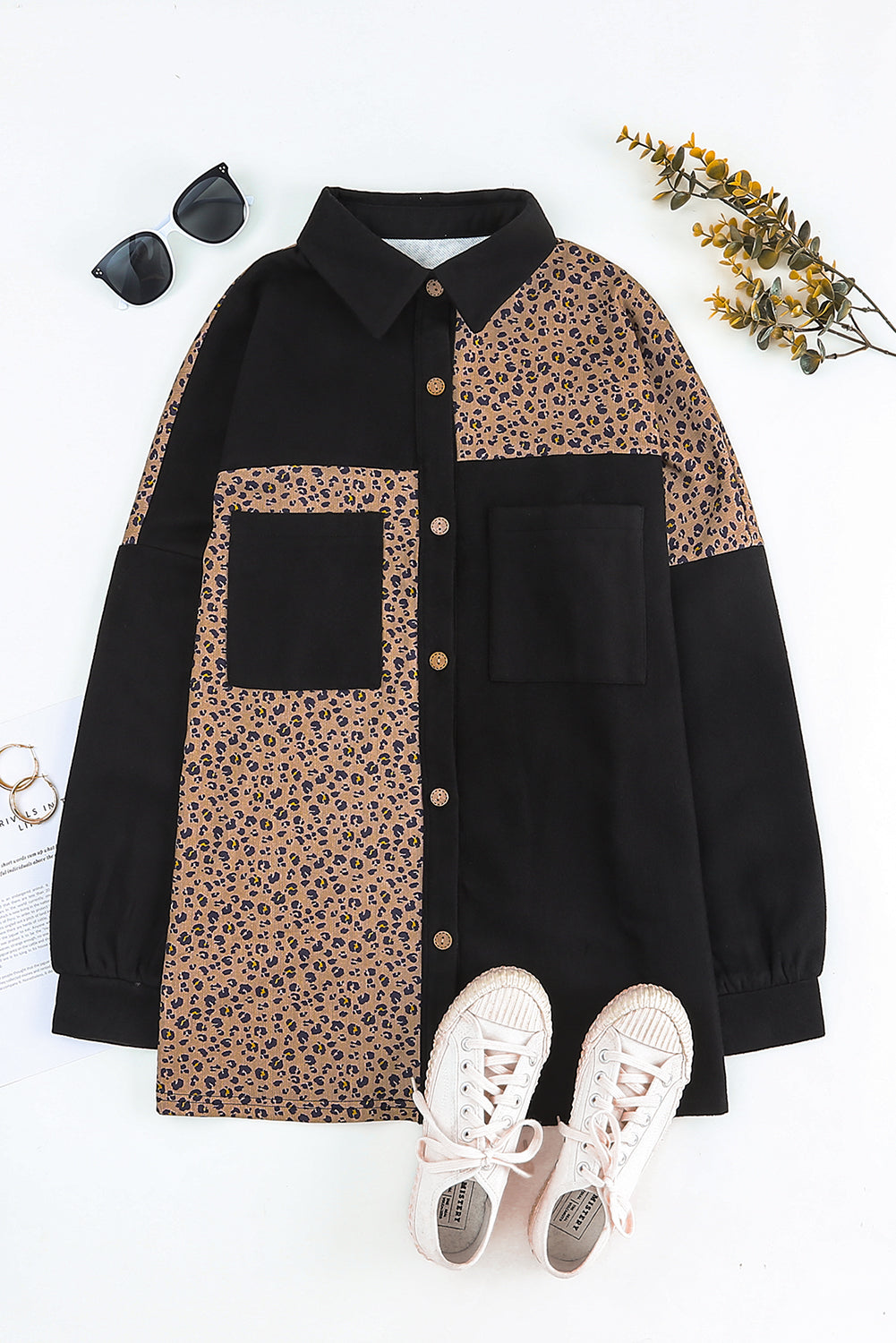 Leopard Patchwork Shacket Jacket featuring charcoal and brown leopard print with mustard accents, button-front closure, and oversized chest pockets.