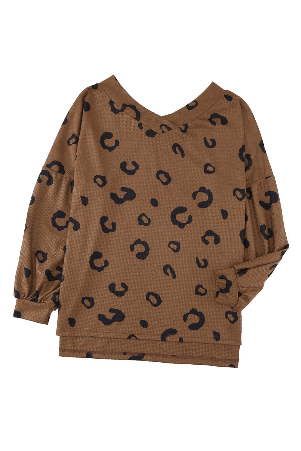 A stylish leopard print top featuring a side split design, V-neckline, and long sleeves, perfect for casual wear.