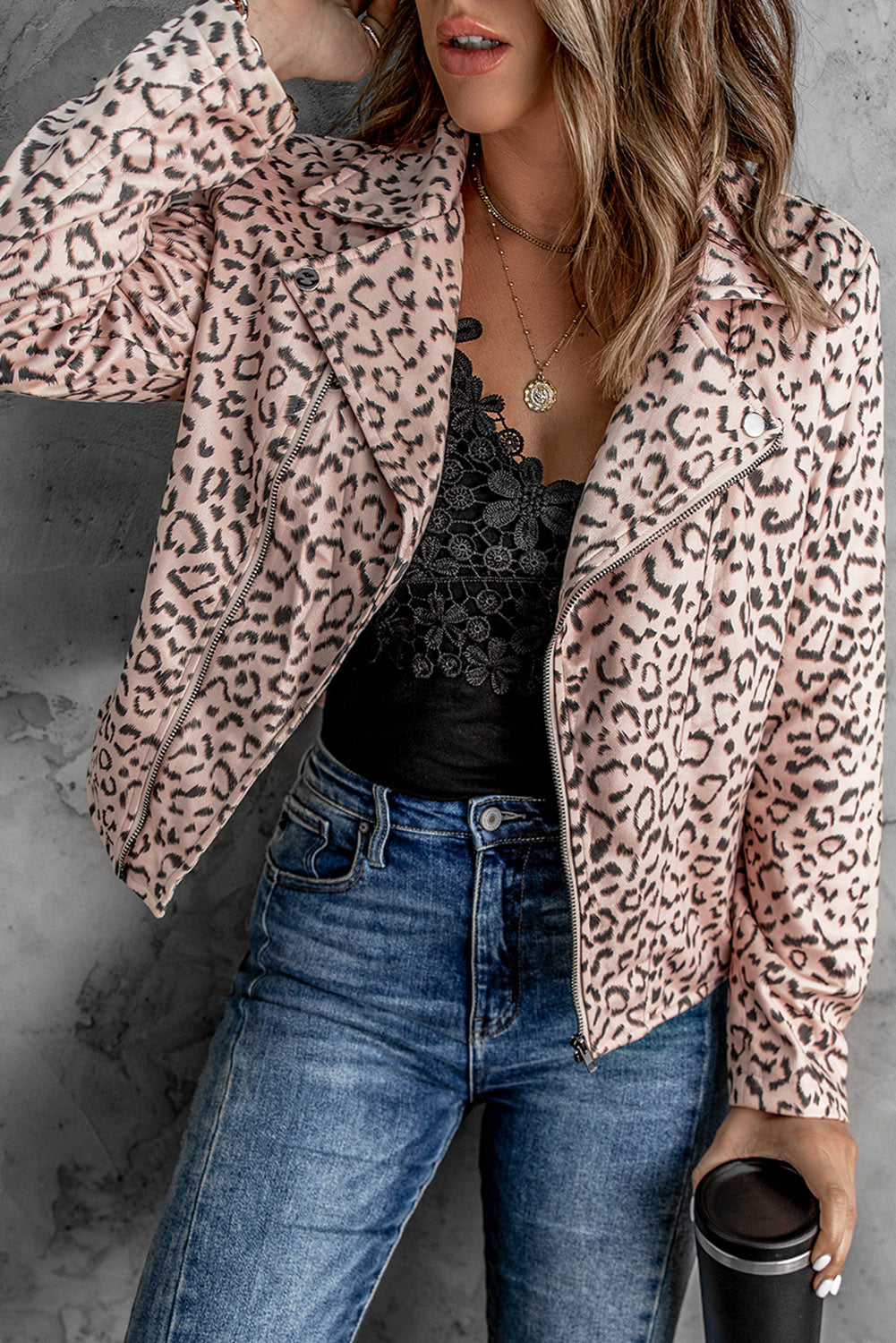 Leopard Print Zipper Lapel Collar Jacket displayed on a mannequin, showcasing its stylish design and zipper closure.