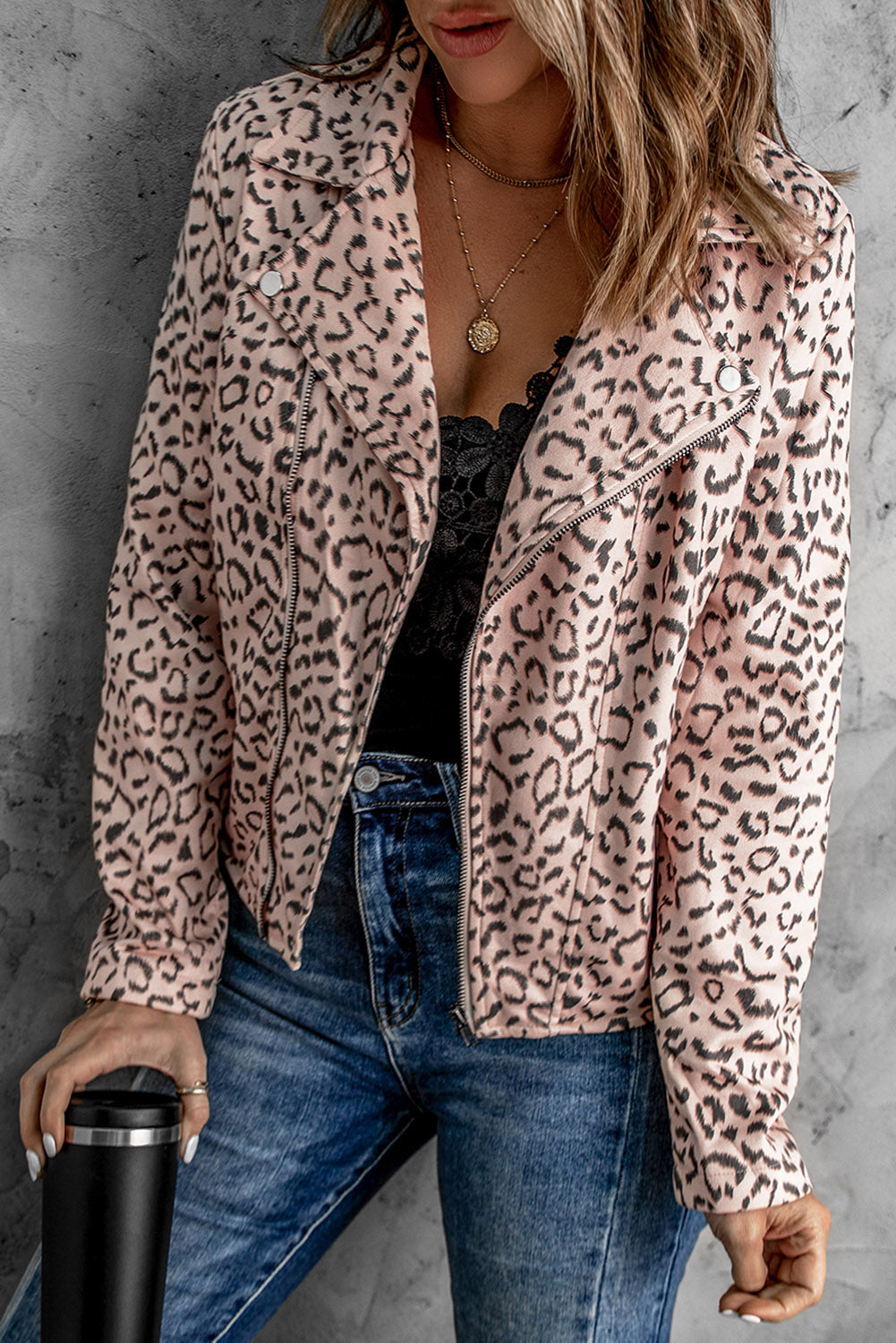 Leopard Print Zipper Lapel Collar Jacket displayed on a mannequin, showcasing its stylish design and zipper closure.
