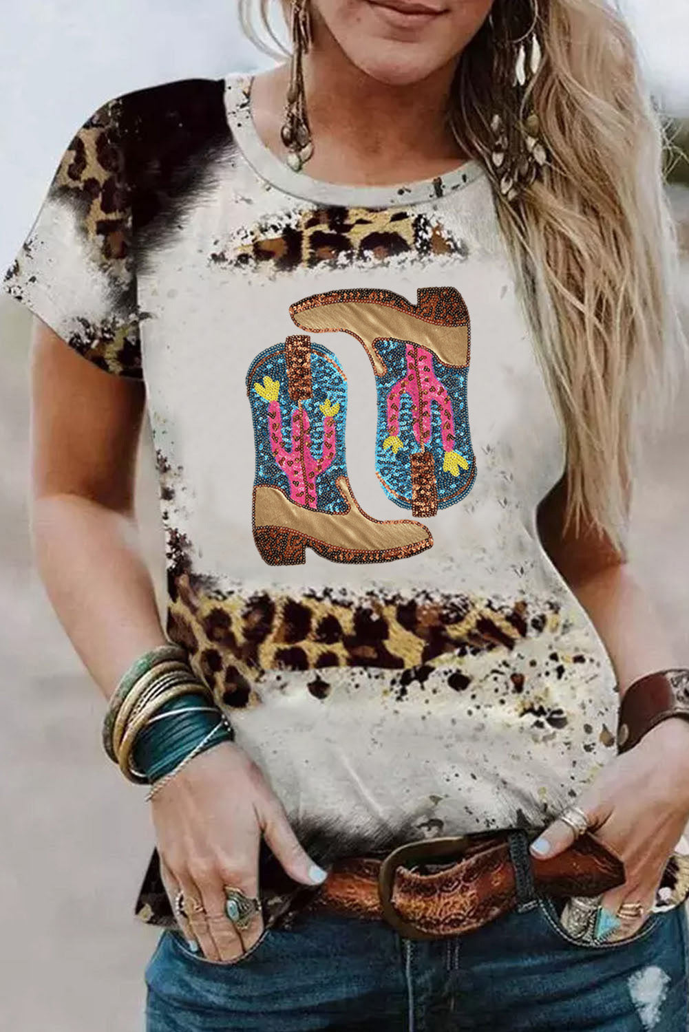 Leopard Tie Dye Sequin Cactus Cowboy Boots Graphic T Shirt featuring vibrant colors and a unique cowboy boots design.