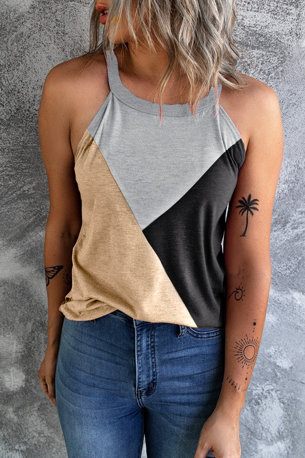 Light French Beige Geometric Color Block Sleeveless Top featuring a modern design with geometric patterns in soft beige tones.