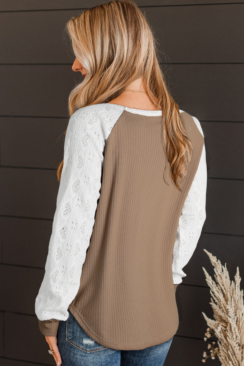 Light French Beige Lace Crochet Patch Long Sleeve Textured Top featuring intricate lace sleeves and a soft knit body, perfect for stylish layering.