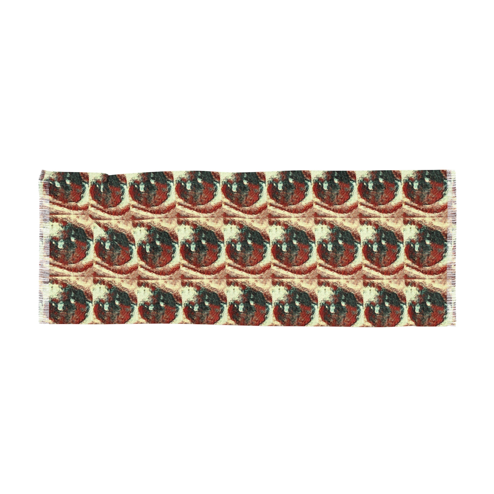 Light Scarf - The Eye, a long, lightweight scarf with intricate patterns, made from 100% polyester, measuring 27" × 73".