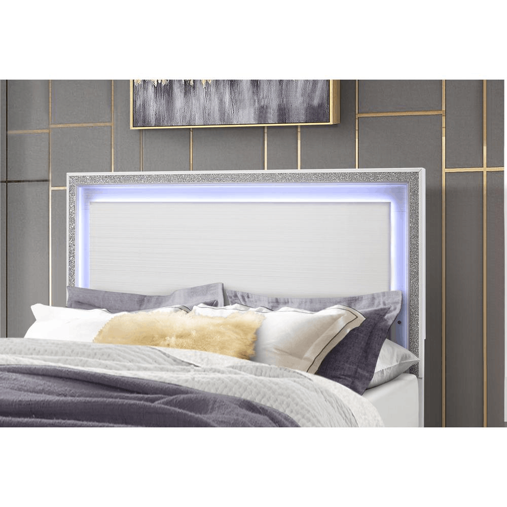 Lily White King Bed Group featuring crushed crystal accents and LED lighting on the headboard.