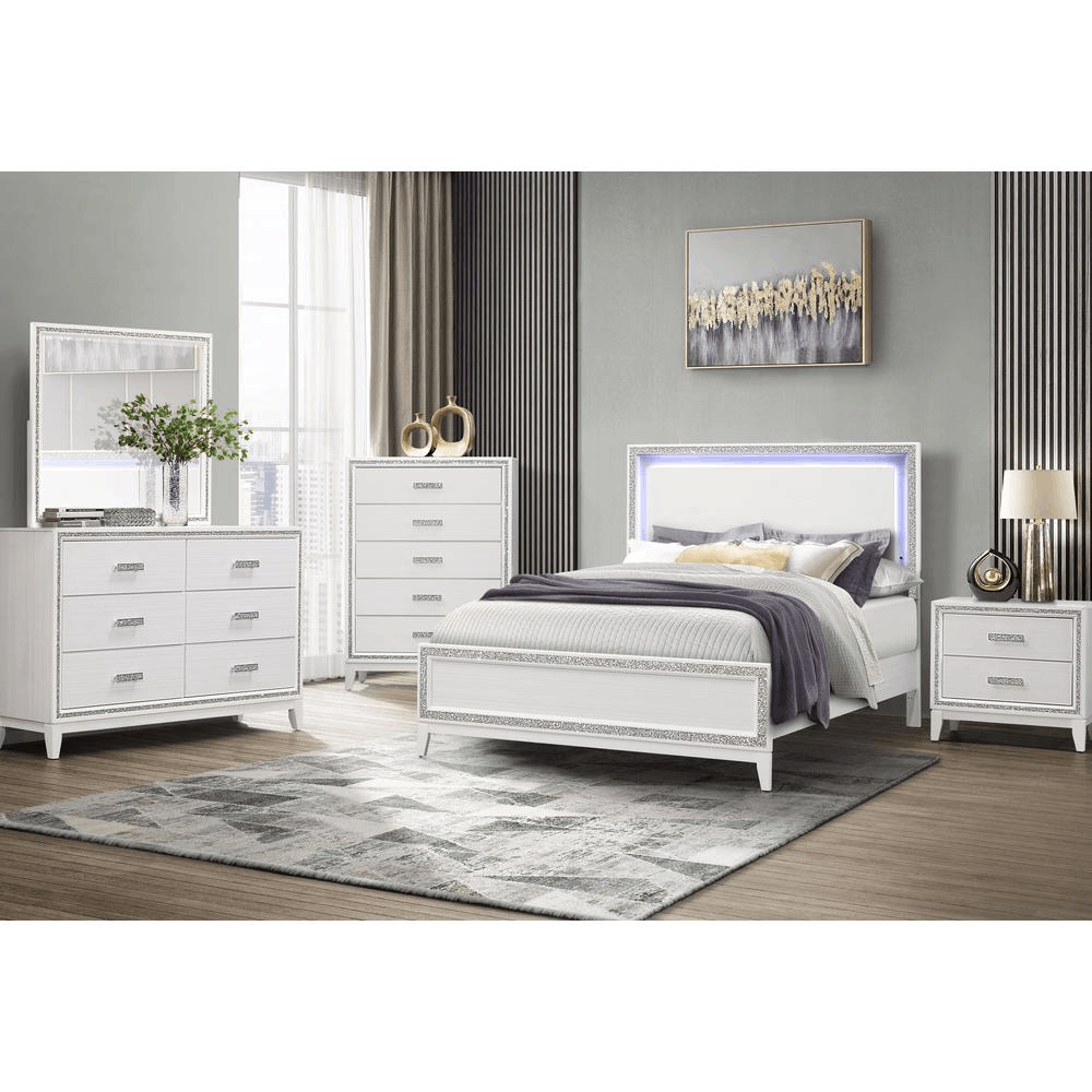 Lily White King Bed Group featuring crushed crystal accents and LED lighting on the headboard.