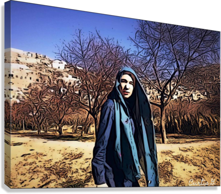 A vibrant artwork titled 'Linda in Kabul' showcasing Afghan culture with intricate details and rich colors.