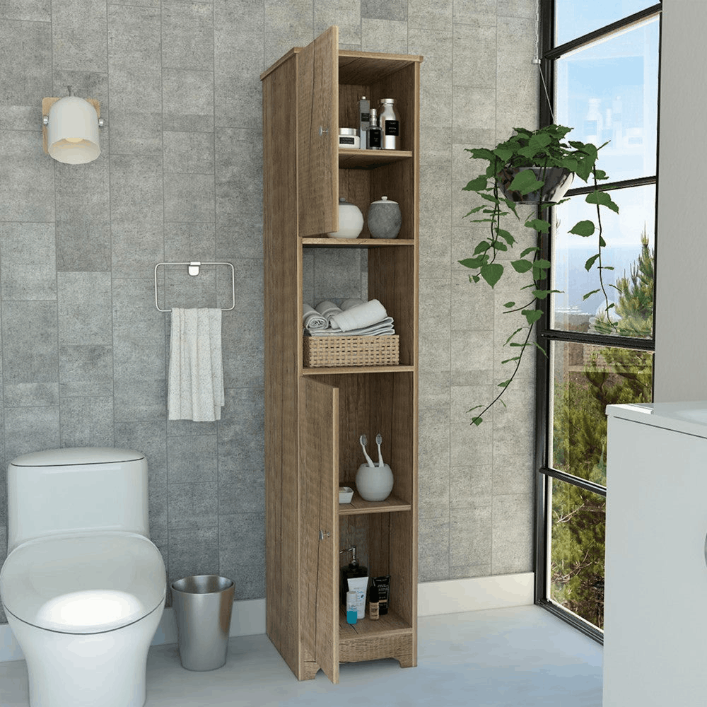 Albany Linen Cabinet in light oak finish with four interior shelves and one open shelf, designed for stylish bathroom storage.