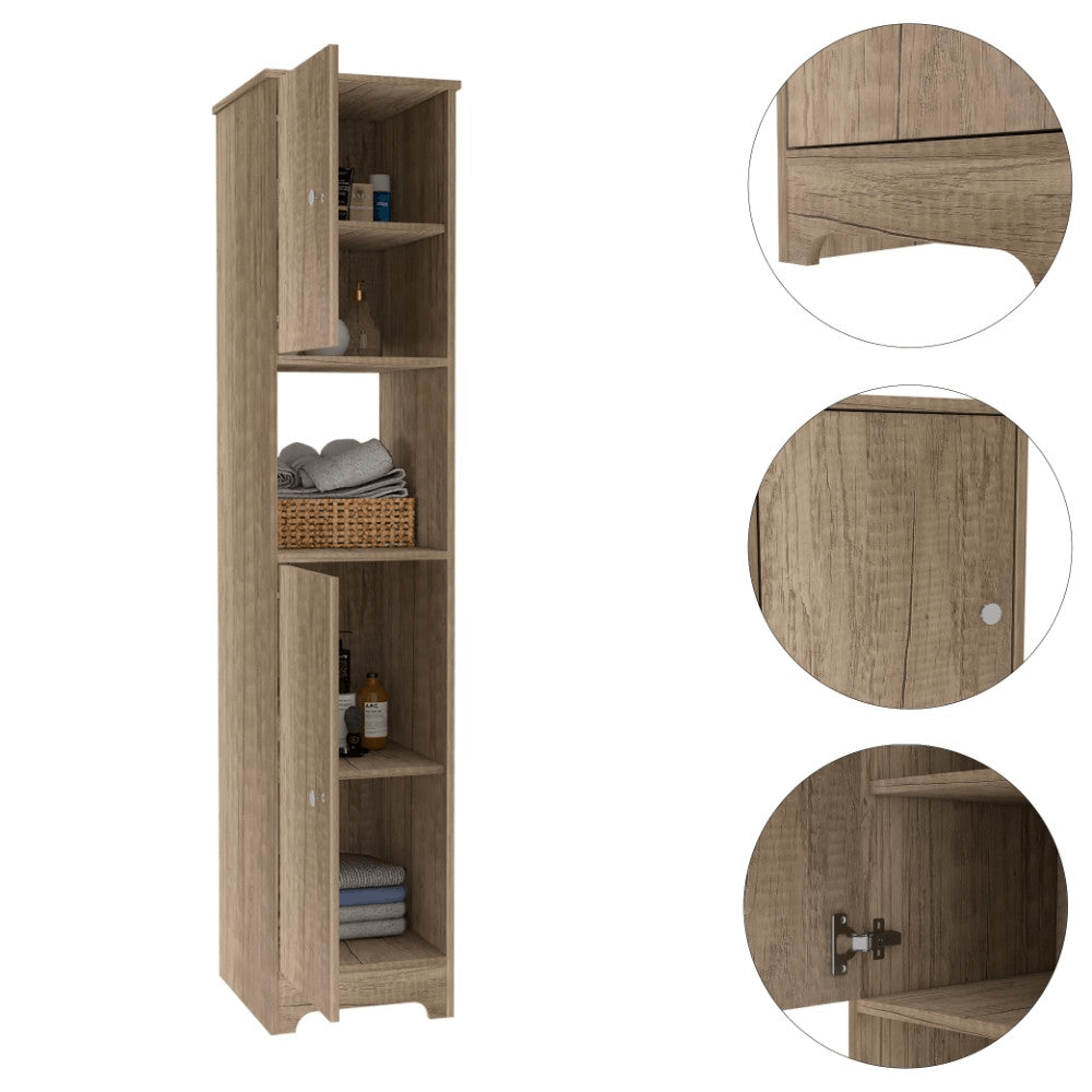Albany Linen Cabinet in light oak finish with four interior shelves and one open shelf, designed for stylish bathroom storage.