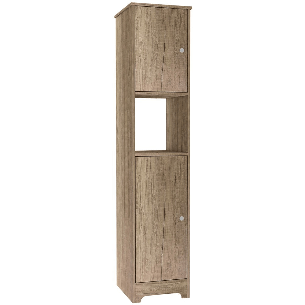 Albany Linen Cabinet in light oak finish with four interior shelves and one open shelf, designed for stylish bathroom storage.