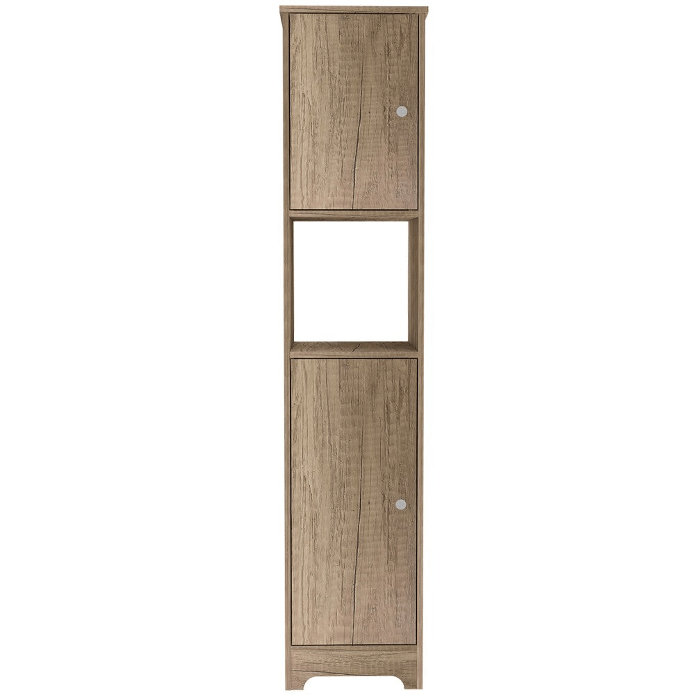 Albany Linen Cabinet in light oak finish with four interior shelves and one open shelf, designed for stylish bathroom storage.