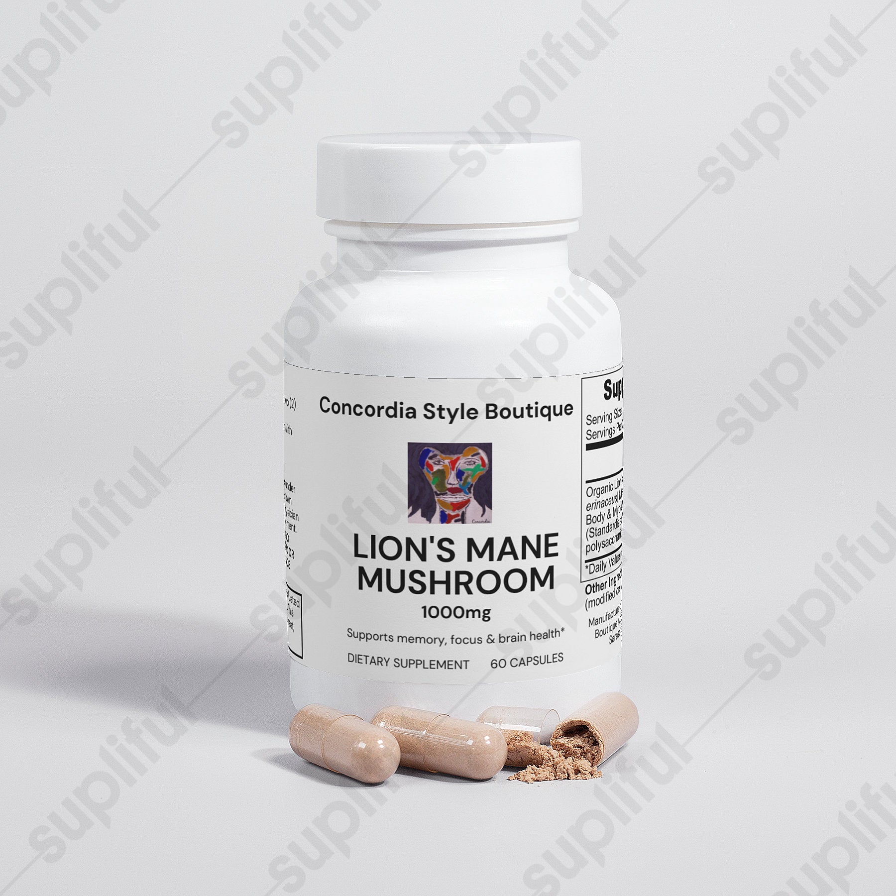 Lion's Mane Mushroom capsules in a bottle, showcasing their vegan and organic nature.