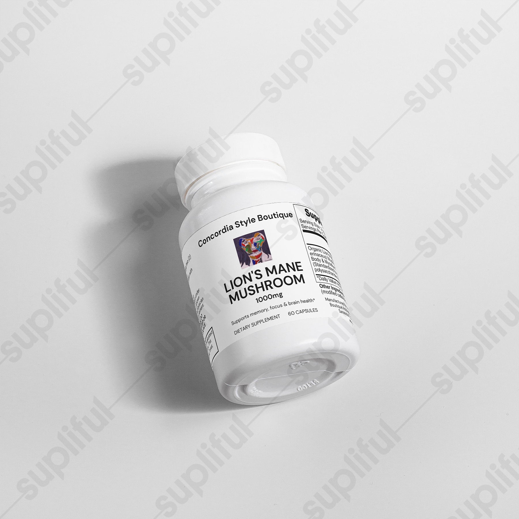 Lion's Mane Mushroom capsules in a bottle, showcasing their vegan and organic nature.