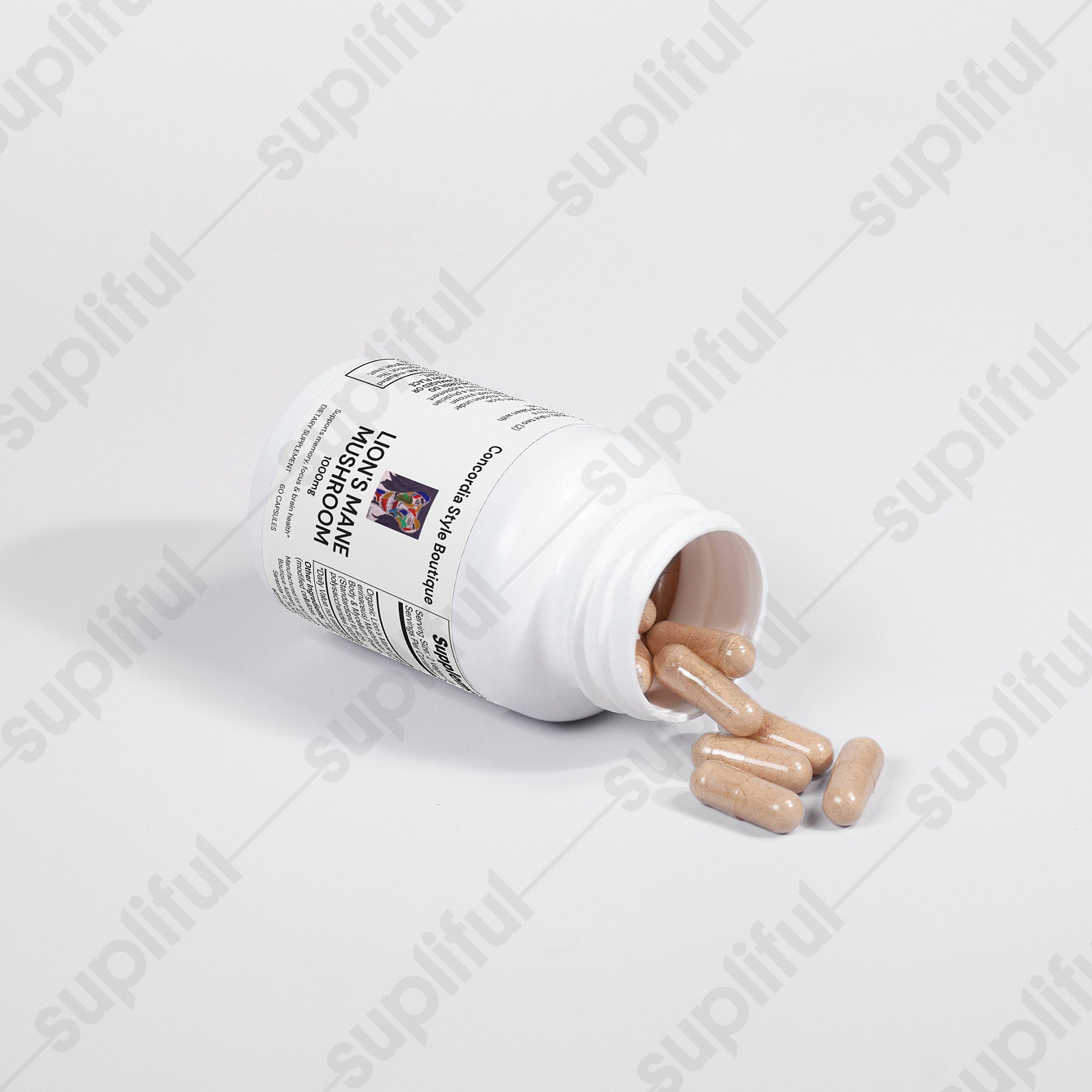 Lion's Mane Mushroom capsules in a bottle, showcasing their vegan and organic nature.