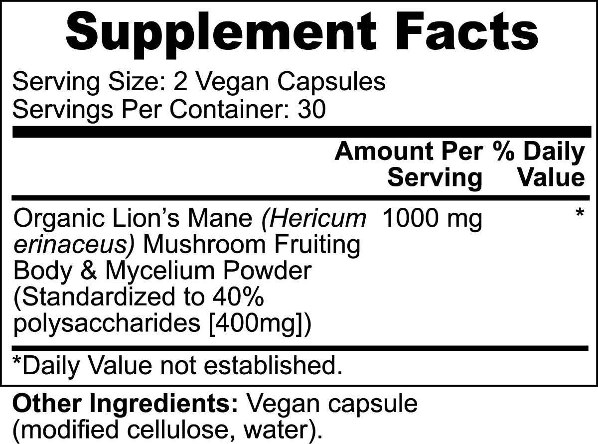 Lion's Mane Mushroom capsules in a bottle, showcasing their vegan and organic nature.