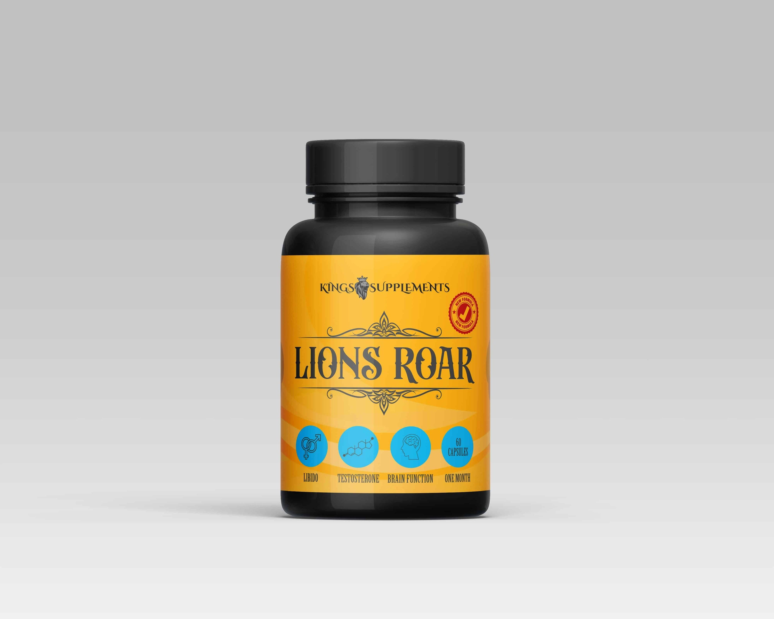 Lions Roar/Mane Supplement package showcasing its compact design and vibrant branding, emphasizing energy and vitality.