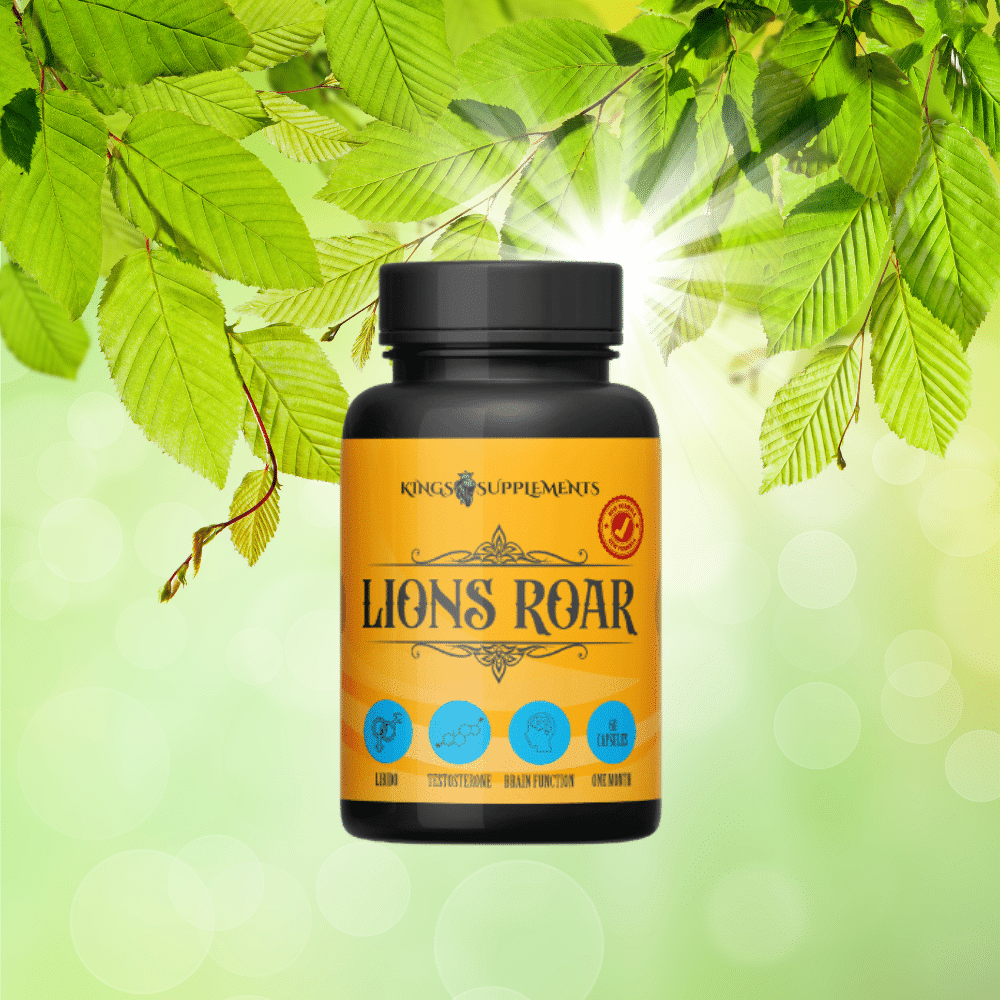 Lions Roar/Mane Supplement package showcasing its compact design and vibrant branding, emphasizing energy and vitality.