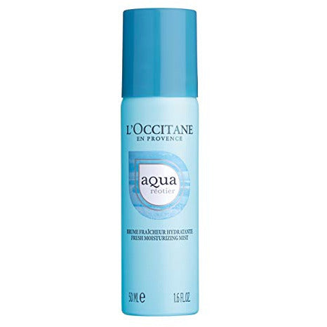 L'Occitane Aqua Reotier Fresh Moisturizing Mist bottle with a refreshing mist spray, showcasing its elegant design.