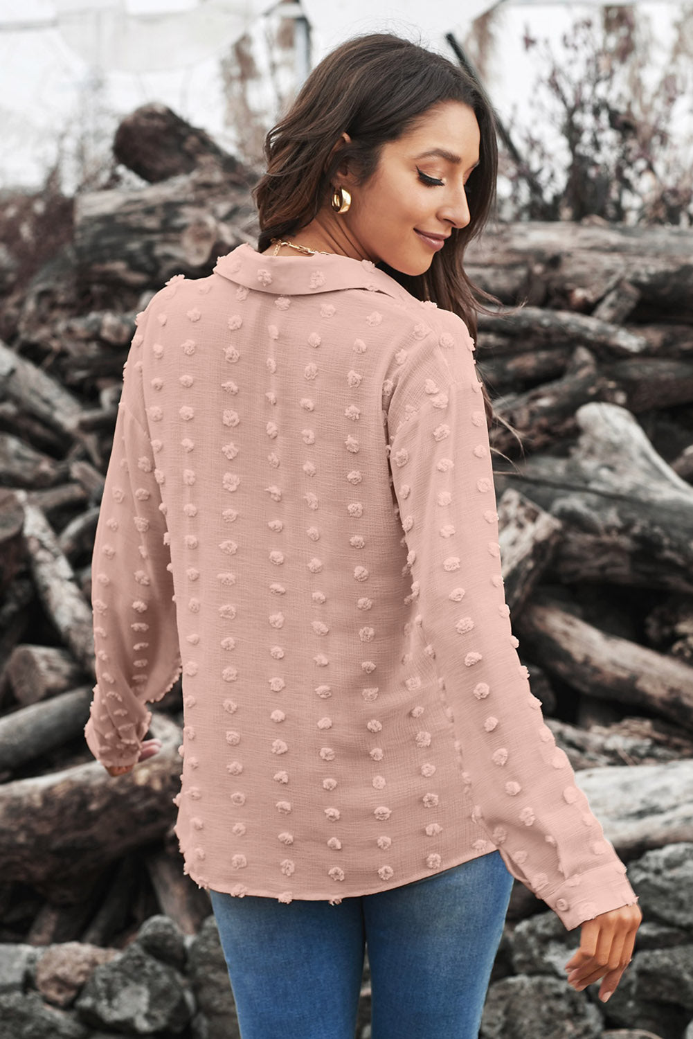 A stylish long sleeve button shirt featuring a fuzzy polka dot pattern, perfect for casual and formal occasions.