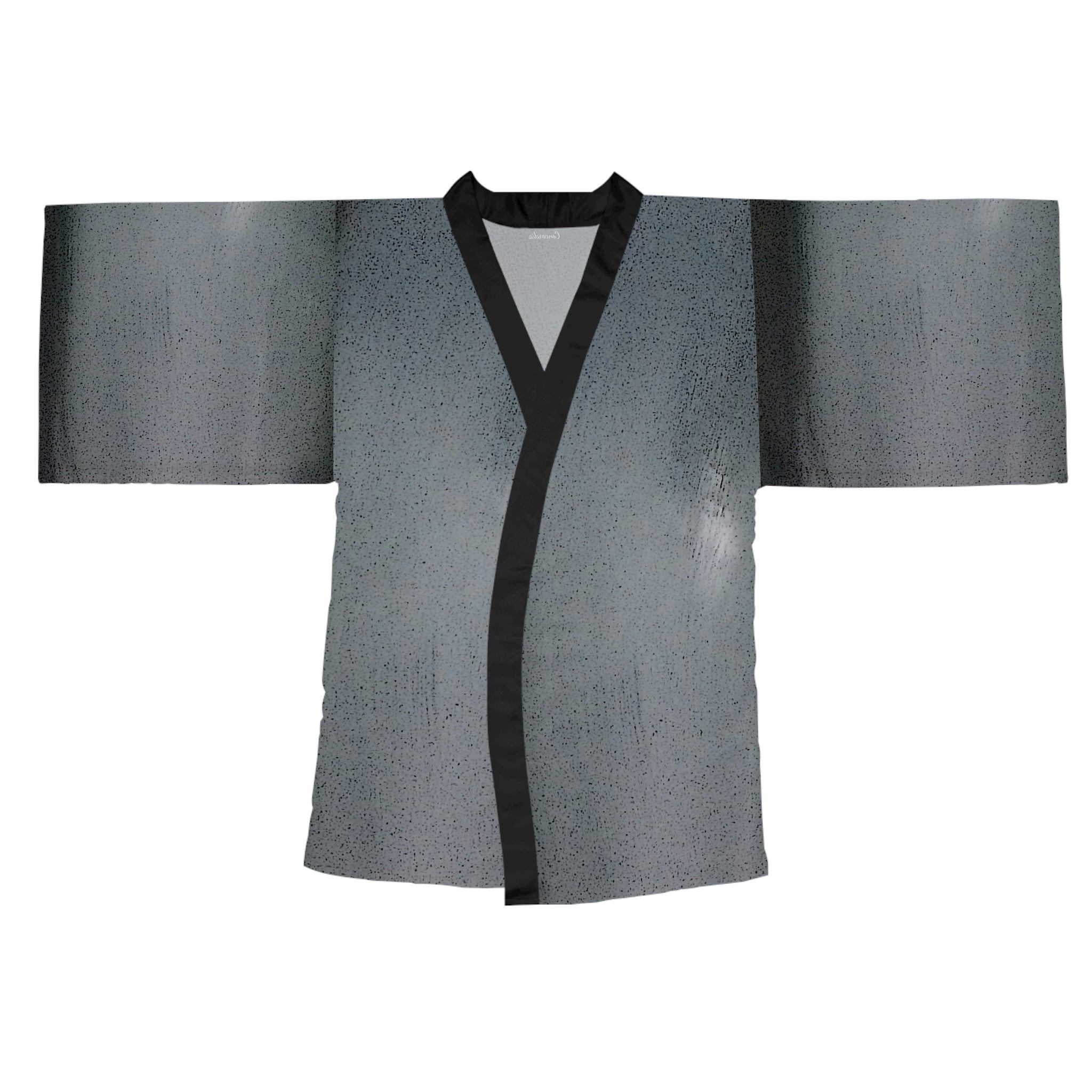 A stylish Long Sleeve Kimono Robe in black with flowing bell sleeves and a belt, showcasing its elegant design and smooth texture.