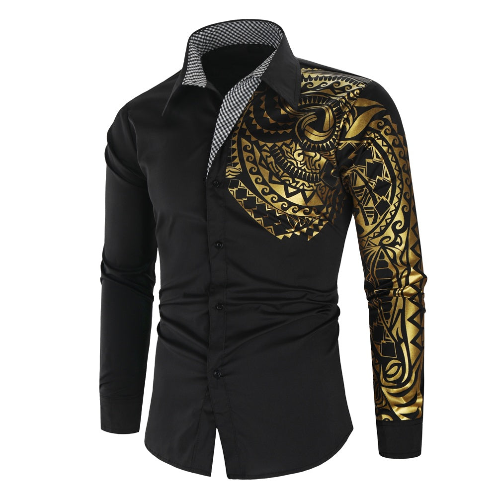 Luxury Gold Black Shirt for Men with intricate gold detailing on black fabric, showcasing a slim fit design.