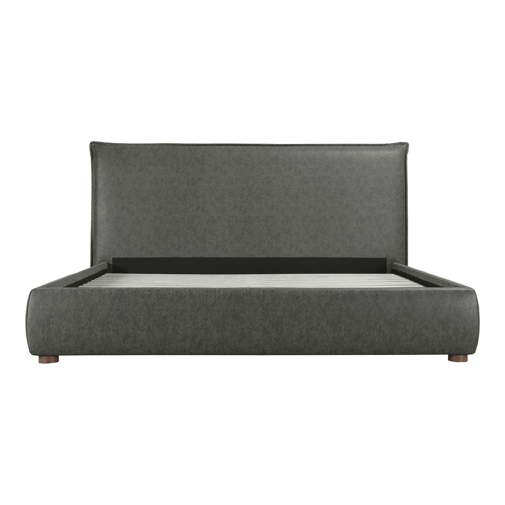 Luzon Queen Bed in Slate Vegan Leather featuring a padded headboard and solid wood frame, showcasing a modern and elegant design.
