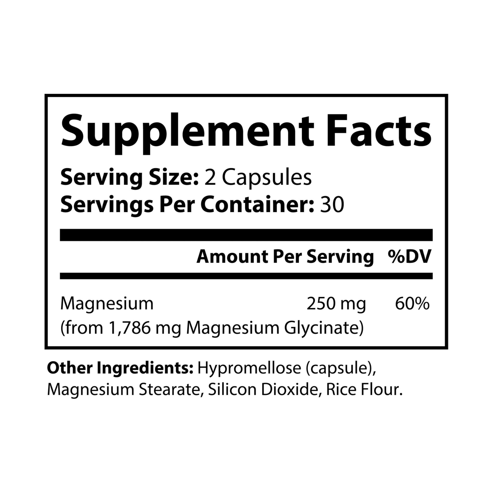Bottle of Magnesium Glycinate Supplement containing 60 capsules, designed for athletic performance support.