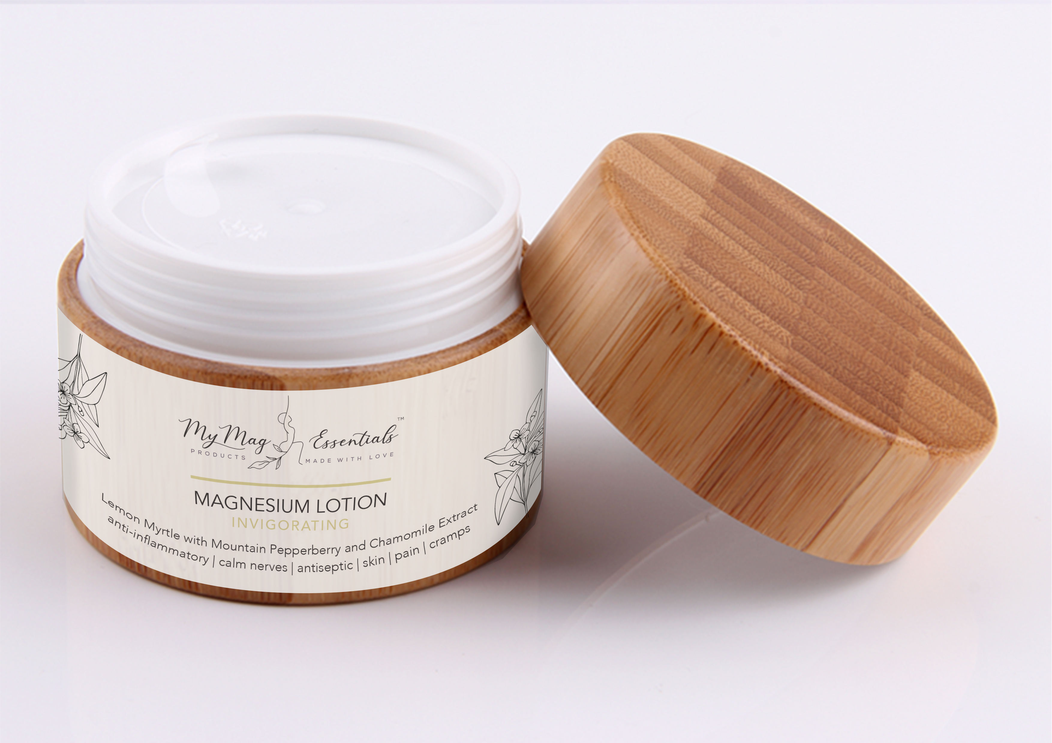 A bottle of Magnesium Lotion with Orange and Bergamot, featuring a vibrant label and a soothing texture, ideal for sensitive skin.