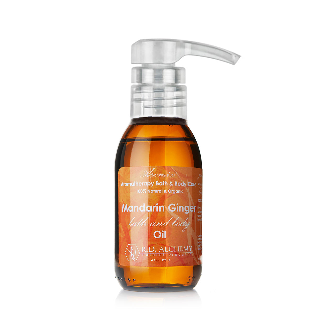 A bottle of Mandarin Ginger Bath & Body Oil with a vibrant label, showcasing its sweet and spicy scent, ideal for moisturizing dry skin.