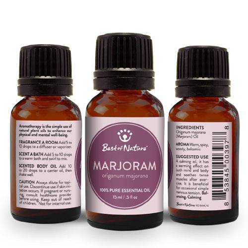A bottle of 100% pure Marjoram Essential Oil with a warm, spicy aroma, ideal for aromatherapy and muscle relief.