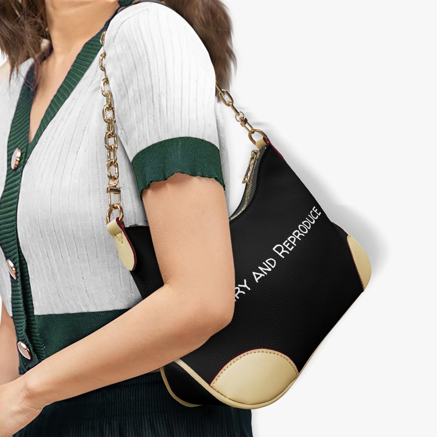 Marry and Reproduce Shoulder Bag made of PU leather with a chic chain strap, showcasing its stylish design and compact size.