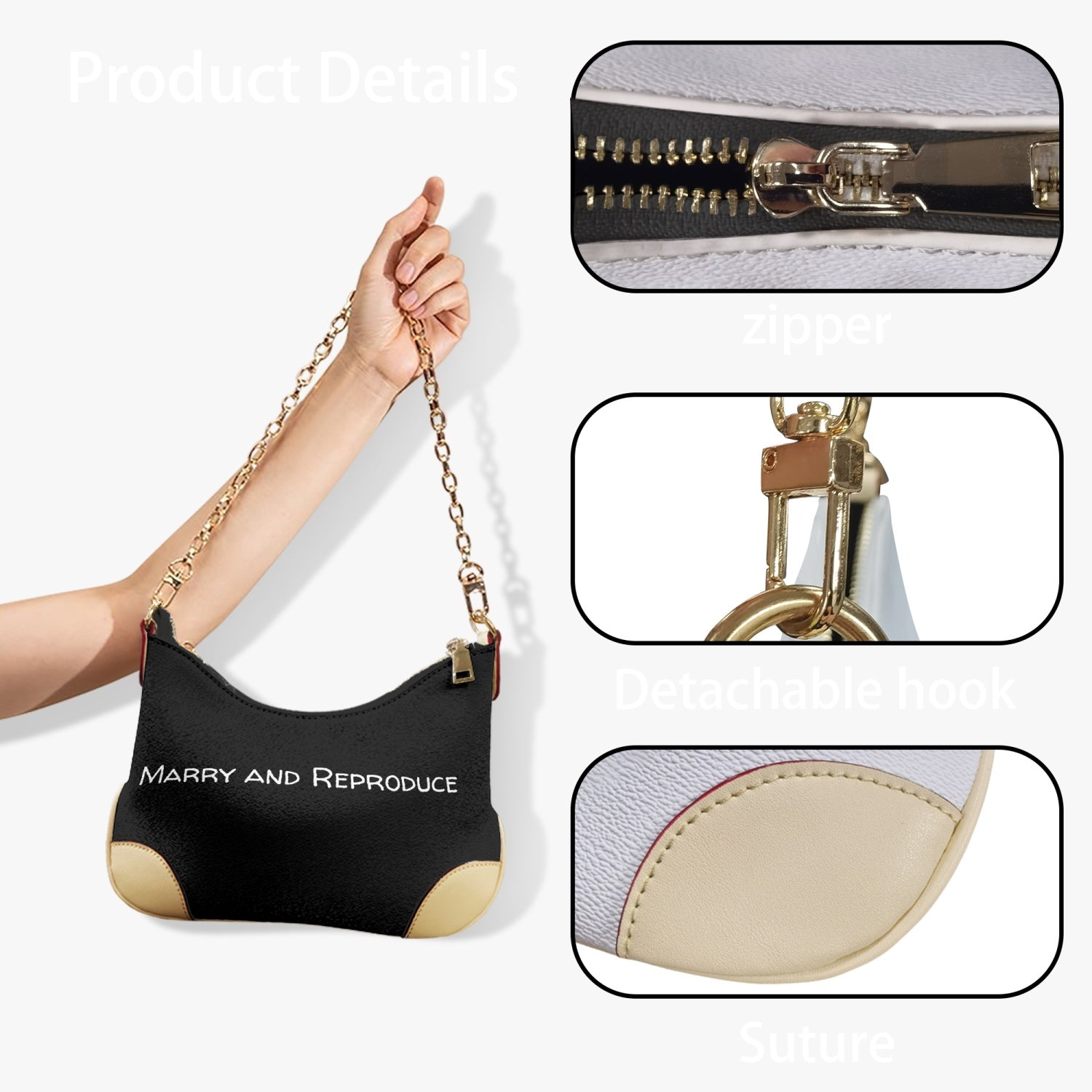 Marry and Reproduce Shoulder Bag made of PU leather with a chic chain strap, showcasing its stylish design and compact size.