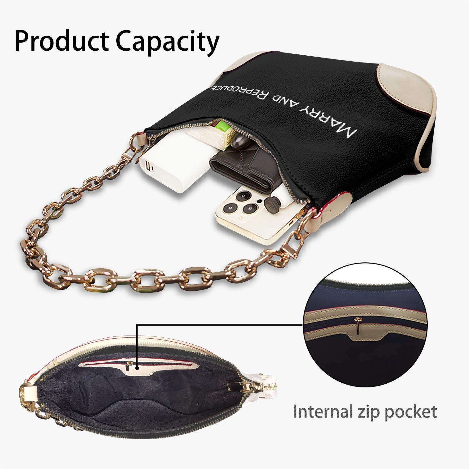 Marry and Reproduce Shoulder Bag made of PU leather with a chic chain strap, showcasing its stylish design and compact size.